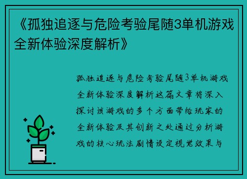 《孤独追逐与危险考验尾随3单机游戏全新体验深度解析》 《孤独追逐与危险考验尾随3单机游戏全新体验深度解析》
