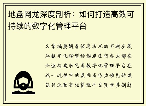 地盘网龙深度剖析：如何打造高效可持续的数字化管理平台