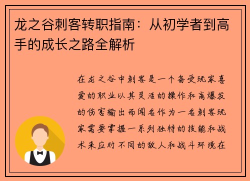 龙之谷刺客转职指南：从初学者到高手的成长之路全解析